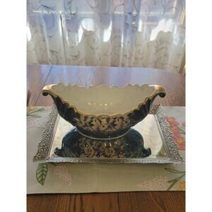 Vintage Guadalajara Boat Bowl, Lofisa Console, Lacy Floral Pattern, Black Green